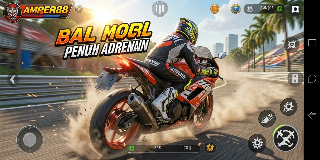 Screenshot gameplay AMPER88 menampilkan aksi balapan motor yang mendebarkan.