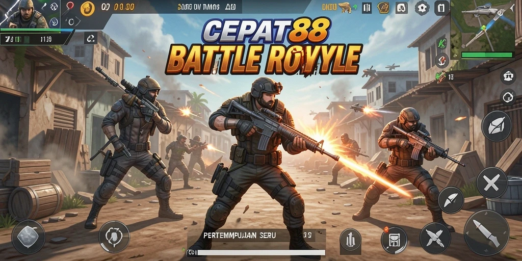 Screenshot gameplay menampilkan aksi intens di arena Battle Royale.