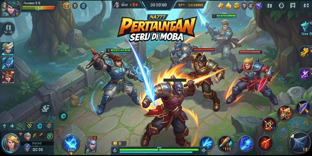 Screenshot utama NA777 menampilkan aksi seru pertarungan karakter dalam arena MOBA.