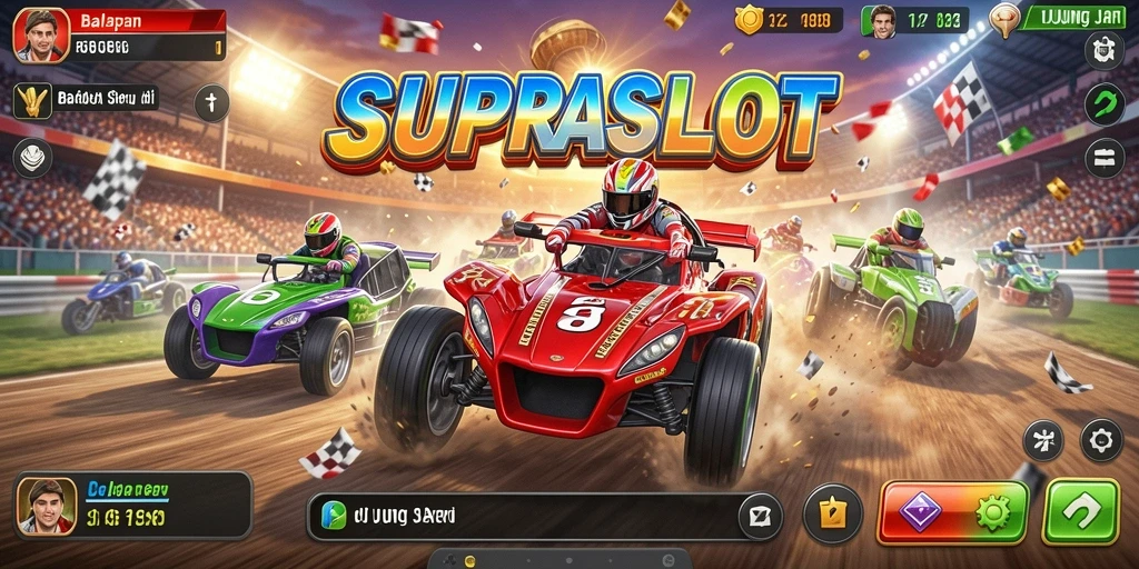 Tampilan gameplay SUPRASLOT yang mendebarkan dan penuh aksi balapan.
